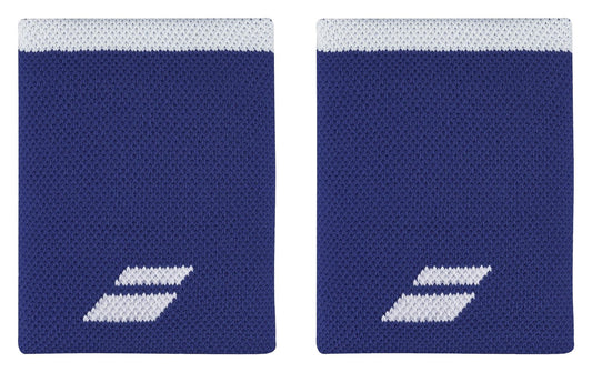 Two Babolat Jumbo Logo Wristbands in white and sodalite blue showcase a comfortable knit texture, featuring a subtle white logo in the bottom corner and a distinct white stripe along the top edge. They are presented side by side against a clean white background.