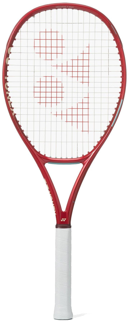 The Yonex VCORE 100L Ruby Red 2026 Tennis Racket features a striking red frame, white grip, and white string bed with a central red logo, offering excellent spin potential.