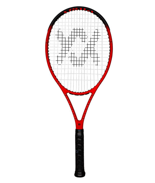 The Volkl Vostra V8 300g Tennis Racket features a red and black design with a black grip and stylized "V" and "K" logo, delivering comfort and performance for an arm-friendly game.