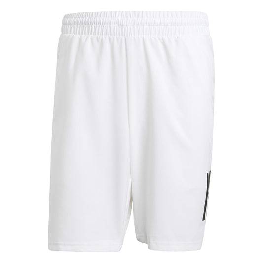 The ADIDAS Men's 3 Stripe Tennis Shorts in white by adidas feature a plain design with an elastic waistband and simple black accents on the lower right side. These shorts offer moisture-wicking technology and are showcased against a white background.