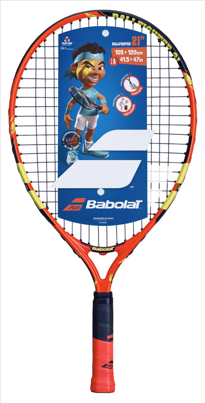 Displayed is a Babolat Ballfighter 21 Tennis Racket in orange, black, and yellow, designed for juniors. Perfect for teaching grip with intact strings, it includes a tag featuring a cartoon player and details: 21 inches long, suitable for children 105-120 cm tall, ideal for introducing kids to tennis.
