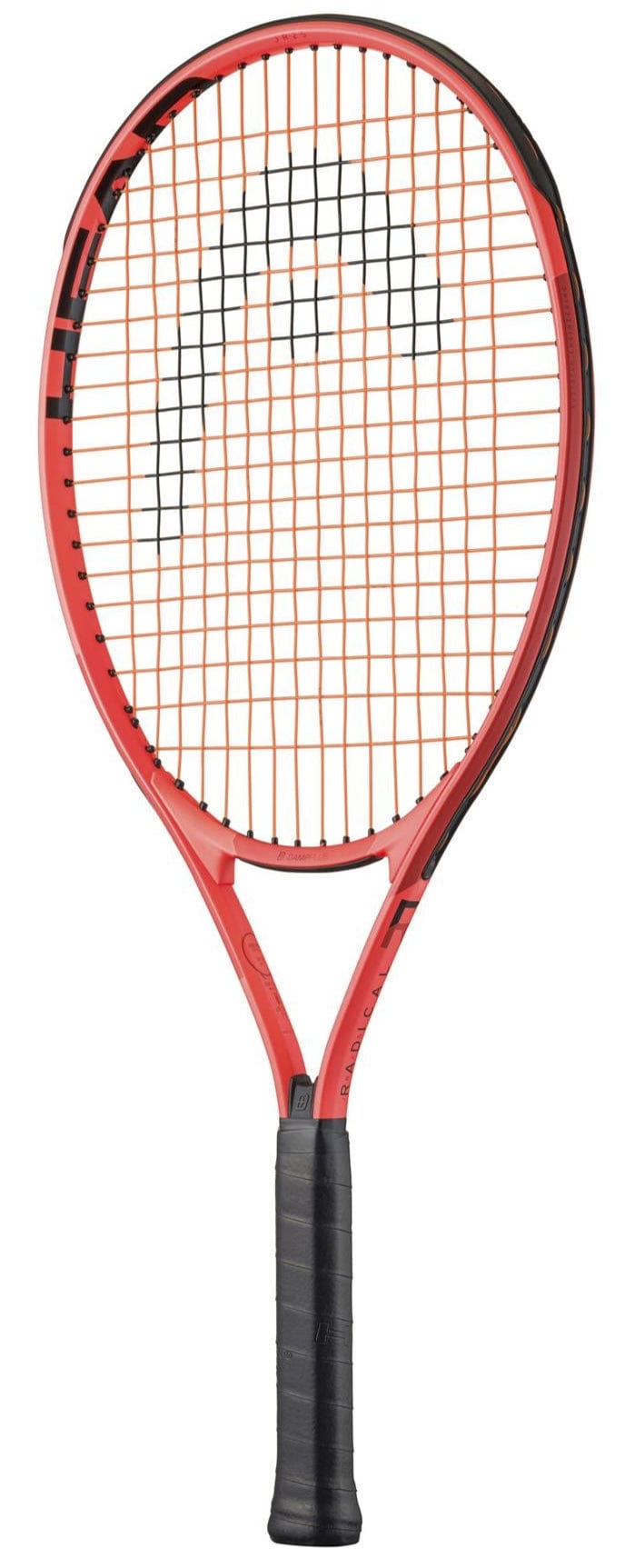 A HEAD Radical Junior 25 2025 Tennis Racket in red and black with a black grip and orange strings, displayed on a white background.