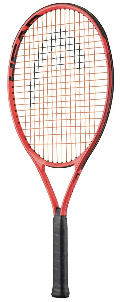 A HEAD Radical Junior 25 2025 Tennis Racket in red and black with a black grip and orange strings, displayed on a white background.