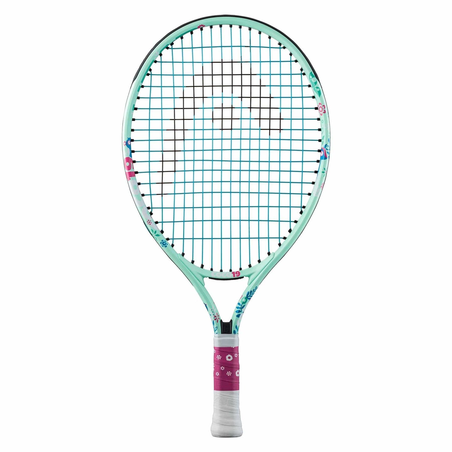 The HEAD Coco 19 Junior Tennis Racket - Mint, inspired by Coco Gauff, showcases a teal and white frame with a floral design and is complemented by a pink grip. Its wider head features the Head logo on the strings and includes a Damp+ insert for improved playability.