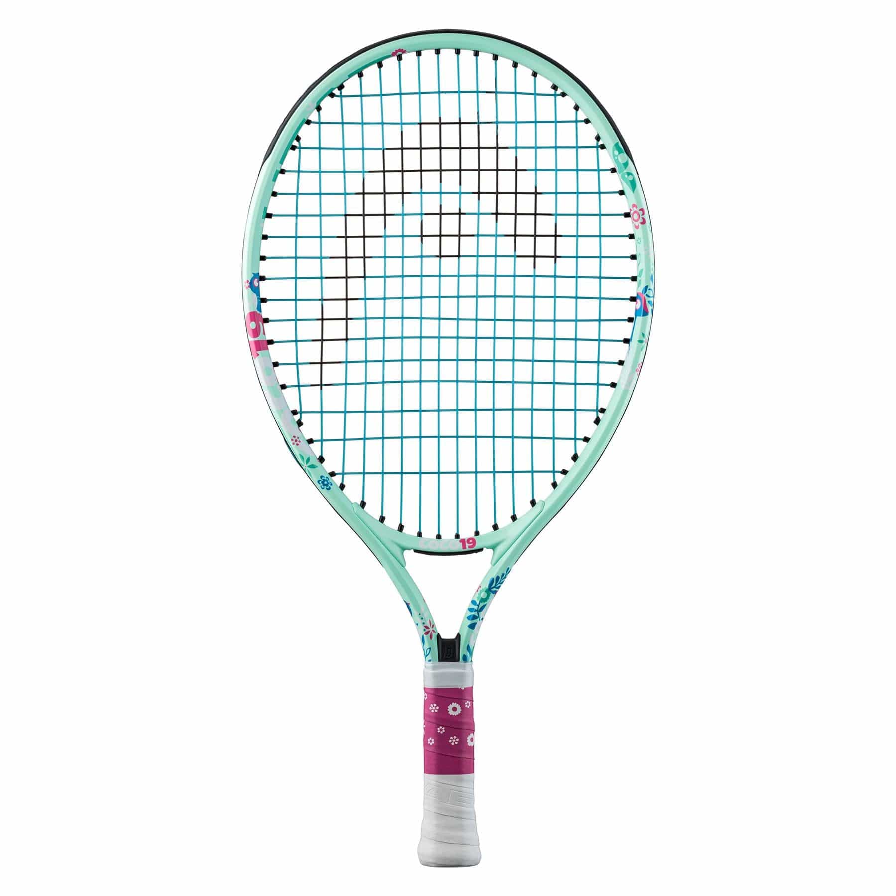 The HEAD Coco 19 Junior Tennis Racket - Mint, inspired by Coco Gauff, showcases a teal and white frame with a floral design and is complemented by a pink grip. Its wider head features the Head logo on the strings and includes a Damp+ insert for improved playability.