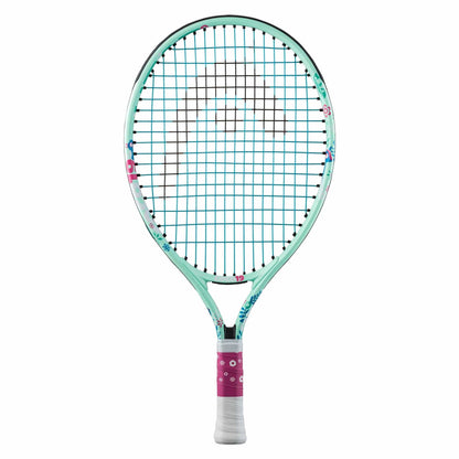 The HEAD Coco 19 Junior Tennis Racket - Mint, inspired by Coco Gauff, showcases a teal and white frame with a floral design and is complemented by a pink grip. Its wider head features the Head logo on the strings and includes a Damp+ insert for improved playability.