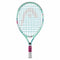 The HEAD Coco 19 Junior Tennis Racket - Mint, inspired by Coco Gauff, showcases a teal and white frame with a floral design and is complemented by a pink grip. Its wider head features the Head logo on the strings and includes a Damp+ insert for improved playability.