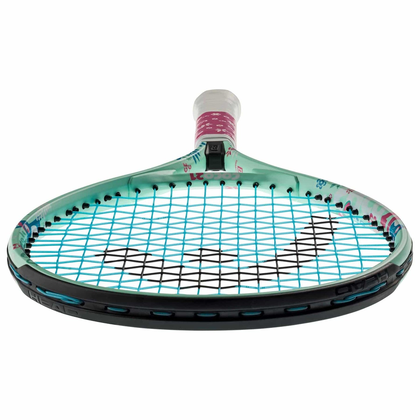 A mint and black HEAD Coco 21 Junior Tennis Racket, inspired by Coco Gauff's style, is seen from the top angle, highlighting its strings and handle. The frame boasts a light blue design with subtle pink accents and includes a Damp+ insert.