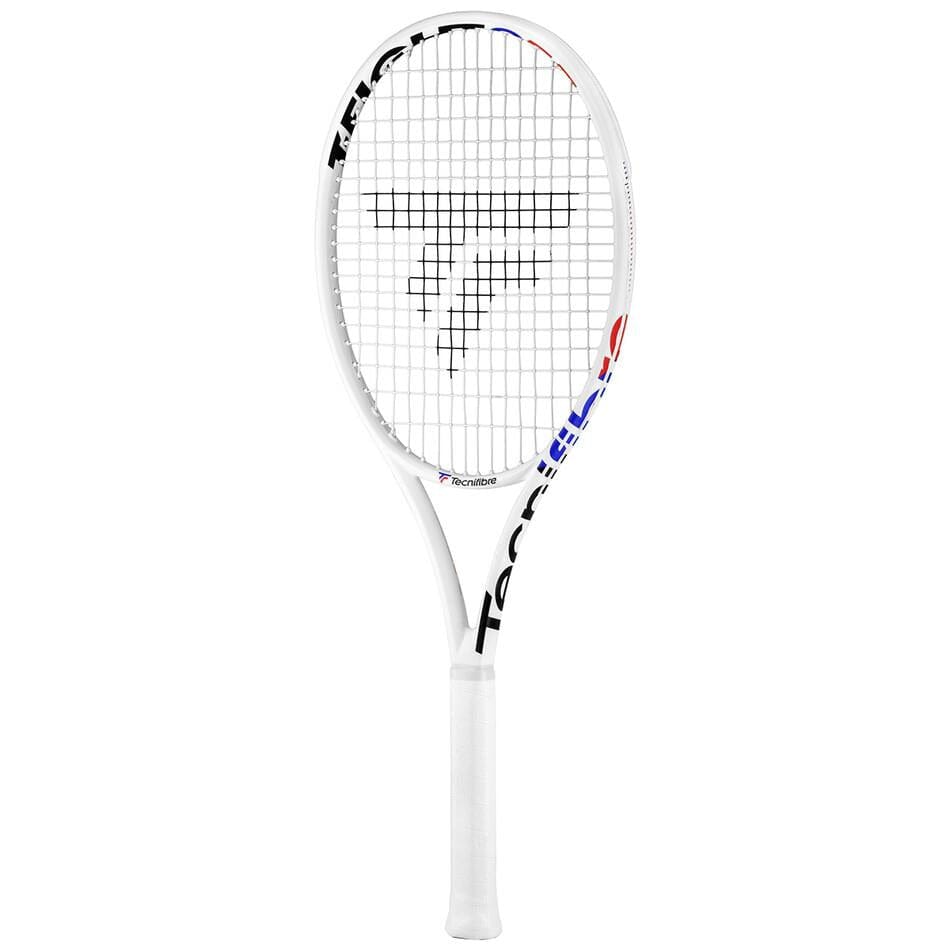 The Tecnifibre T-Fight 255 Isoflex Tennis Racket in white showcases a black and red logo on the strings and features Isoflex technology. The frame highlights an RS Section design with black and red accents, while the brand name "Tecnifibre" is elegantly printed along the side. The grip maintains a classic white appearance.