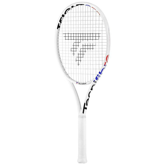 The Tecnifibre T-Fight 255 Isoflex Tennis Racket in white showcases a black and red logo on the strings and features Isoflex technology. The frame highlights an RS Section design with black and red accents, while the brand name "Tecnifibre" is elegantly printed along the side. The grip maintains a classic white appearance.