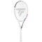 The Tecnifibre T-Fight 255 Isoflex Tennis Racket in white showcases a black and red logo on the strings and features Isoflex technology. The frame highlights an RS Section design with black and red accents, while the brand name "Tecnifibre" is elegantly printed along the side. The grip maintains a classic white appearance.