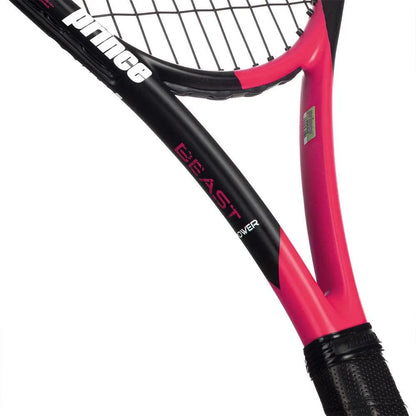 Close-up of the black and pink Prince Beast Power 270g Tennis Racket by Prince, a graphite racket highlighting its strings, frame, and grip.