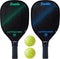 The Franklin Activator 2-Player Pickleball Set by Franklin is shown with two black, USA Pickleball Approved paddles—one with green and one with blue accents—displayed above two yellow perforated pickleballs.