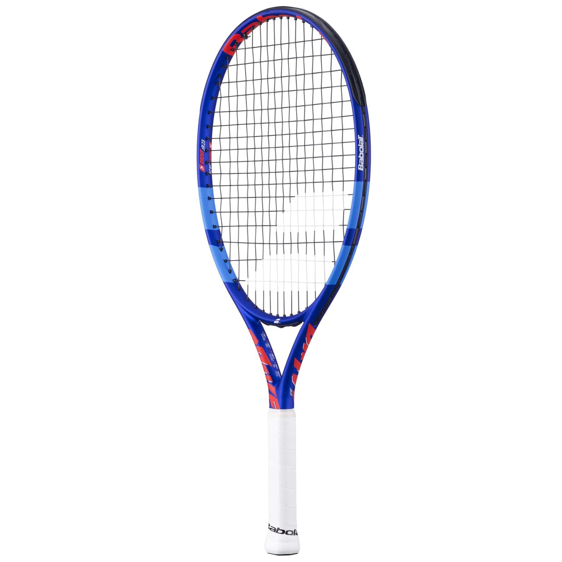 A blue and black Babolat Drive Junior 23 Tennis Racket with a white grip is shown upright on a white background. The grid-patterned strings and Babolat branding are visible on the side of this kids’ racket.