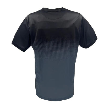 The Yonex YTM5 Men's Tennis T-Shirt in Shadow/Black offers moisture-wicking, ultra-lightweight fabric with a gradient design transitioning from solid black to a lighter shade with a dotted pattern, displayed on a plain white background—ideal for active wear.