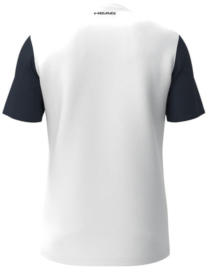 Back view of a HEAD Club Tech 25 Men's Tennis T-Shirt in navy/white with the brand "HEAD" on the upper back. It includes black short sleeves, an athletic design, and Moisture Transfer Microfiber for improved breathability during intense matches.