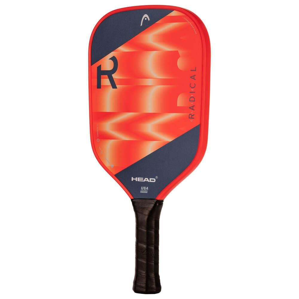 The HEAD Radical Elite 2024 Pickleball Paddle features red, black, orange, and dark blue geometric designs with "RADICAL" and the HEAD logo on the face, a black grip, and is ideal for beginners.