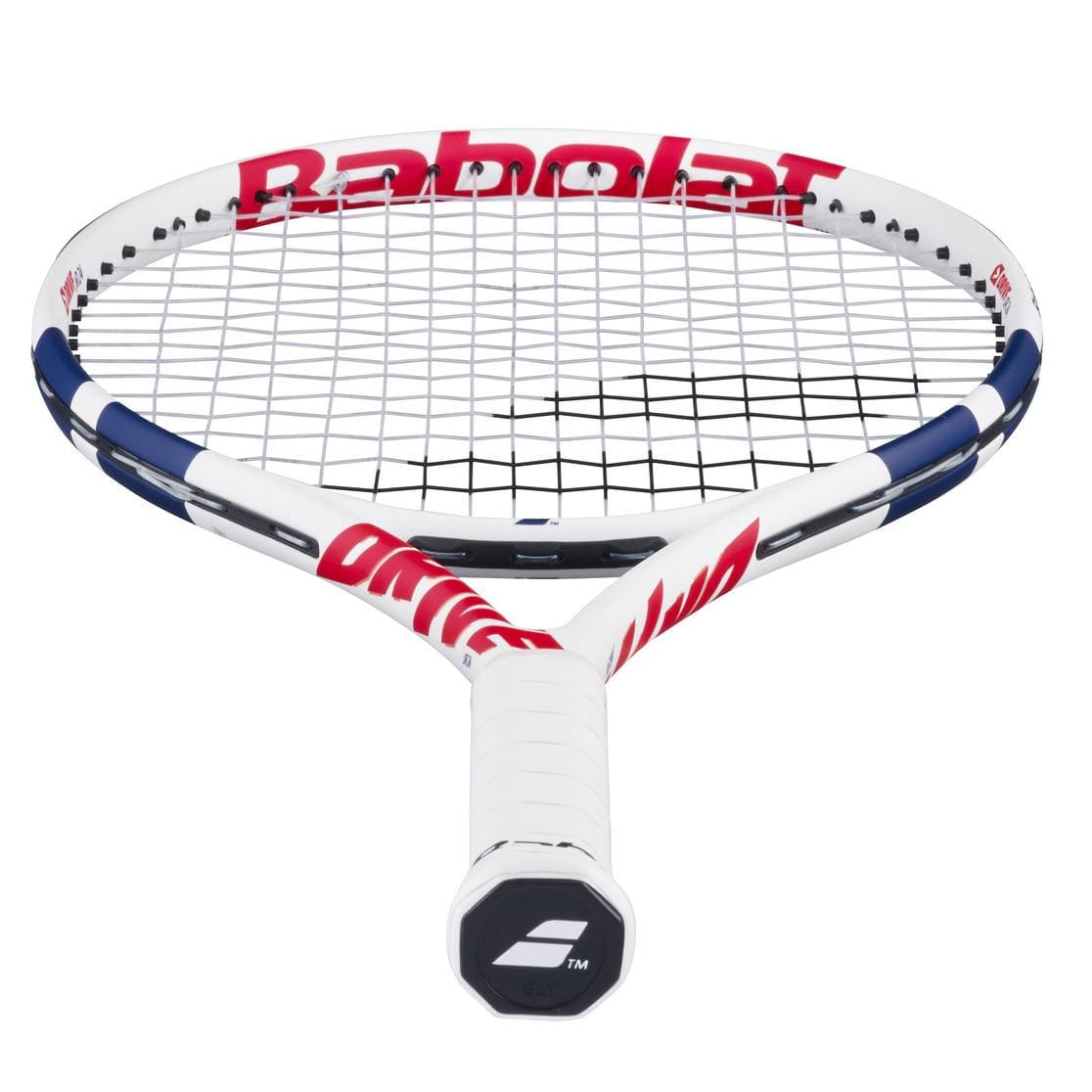 The Babolat Drive Junior 24 Tennis Racket by Babolat is shown from a low front angle, displaying its strings, grip, and bold branding—ideal for young players wanting a quality junior tennis racket.