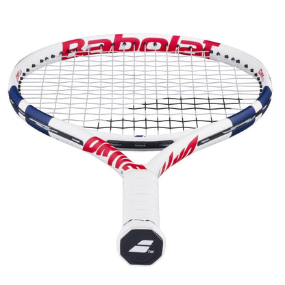 The Babolat Drive Junior 24 Tennis Racket by Babolat is shown from a low front angle, displaying its strings, grip, and bold branding—ideal for young players wanting a quality junior tennis racket.