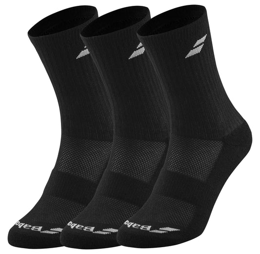Displayed side by side, the Babolat Long 3 Pack Tennis Socks in black feature a crew-length design with ribbed cuffs and a subtle logo near the top. Crafted for comfort, each sock includes reinforced heel and toe areas to enhance durability and breathability.