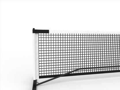 Close-up of the left side and frame of the Pickleball United Driveway 10 Junior Pickleball Net by Pickleball United, shown in black and white against a plain white background.