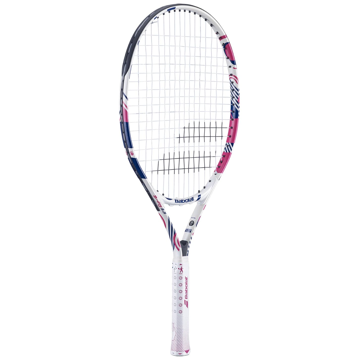 The Babolat B-Fly 23 Junior Tennis Racket showcases a white frame accented with pink, blue, and black. Ideal for beginner sports enthusiasts, it includes white strings and a grip-patterned handle. Distinctive Babolat branding is displayed on the head and handle.