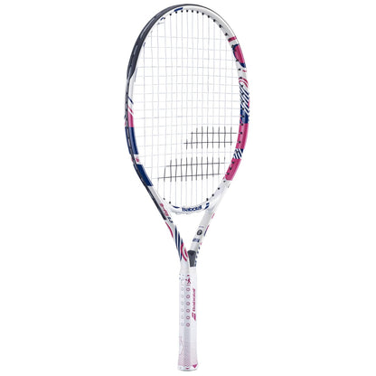 The Babolat B-Fly 23 Junior Tennis Racket showcases a white frame accented with pink, blue, and black. Ideal for beginner sports enthusiasts, it includes white strings and a grip-patterned handle. Distinctive Babolat branding is displayed on the head and handle.