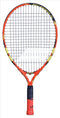 The Babolat Ballfighter 21 Tennis Racket, in a striking combination of orange, black, and yellow, is ideal for young tennis enthusiasts. It features contrasting black strings and a comfortable black grip, beautifully captured against a clean white backdrop.