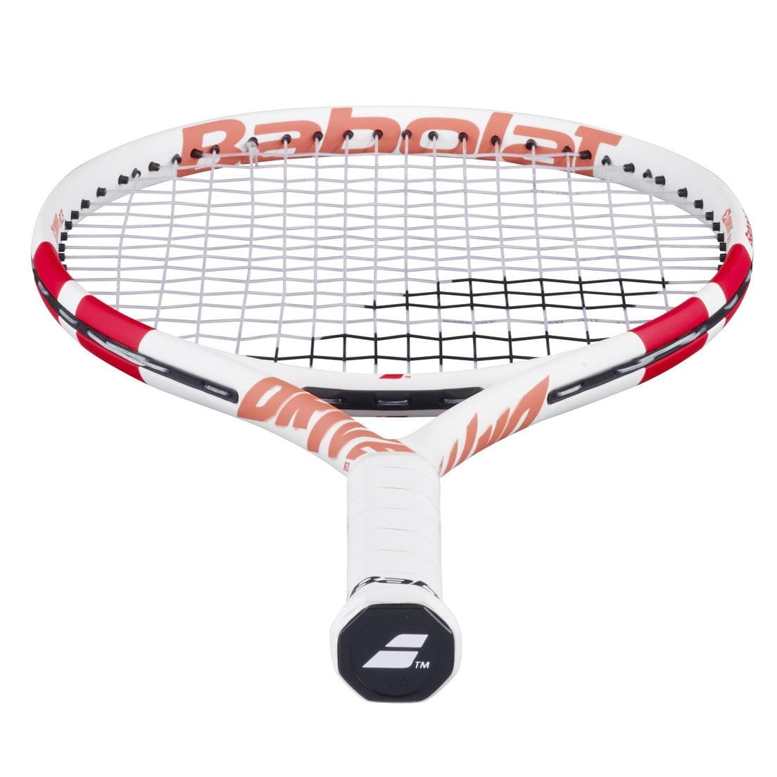 The Babolat Drive Junior 23 Tennis Racket by Babolat is shown lying flat with the handle facing forward, highlighting its strings, frame, and logo—ideal as a junior tennis racket for young players.