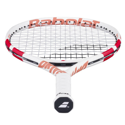 The Babolat Drive Junior 23 Tennis Racket by Babolat is shown lying flat with the handle facing forward, highlighting its strings, frame, and logo—ideal as a junior tennis racket for young players.