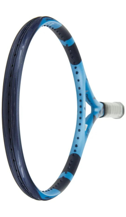 The Babolat Pure Drive 2025 Tennis Racket by Babolat, in blue and black, is displayed unstrung with the head facing forward and the handle angled back.
