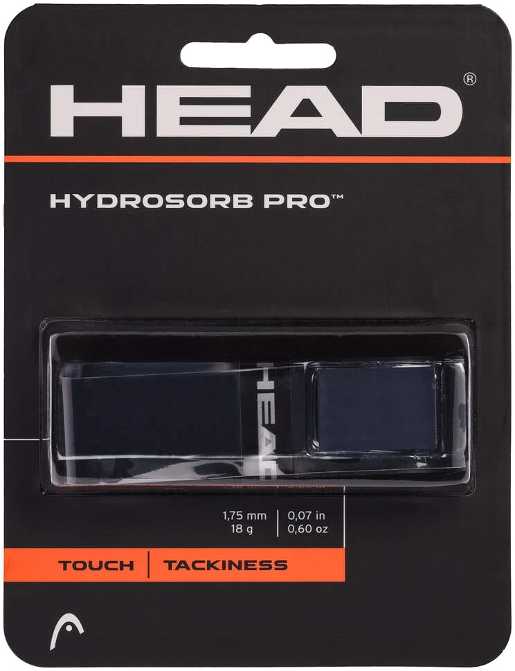 The HEAD HydroSorb Pro Replacement Tennis Grip - Navy, by HEAD, comes in packaging with a clear window showing the grip roll inside and highlights "Touch" and "Tackiness" at the bottom.