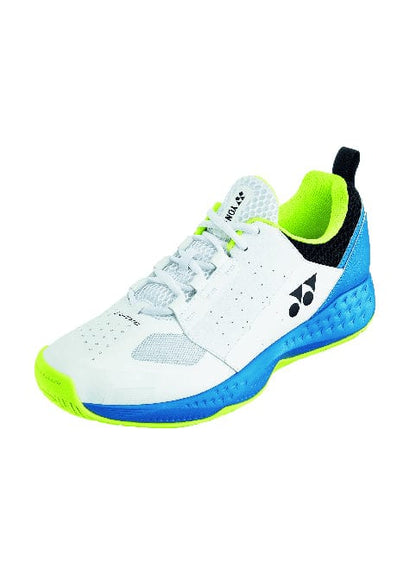 This Yonex Power Cushion Lumio 4 men's tennis shoe, with a white upper and neon green outsole, incorporates a Durable Skin Light design for peak performance. The ocean blue midsole enhances the look, complemented by black and neon accents near the heel and the logo-adorned side.
