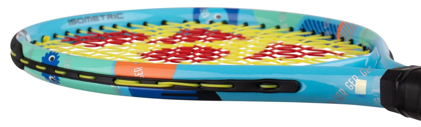 A close-up of the Yonex Junior 17 Ocean Blue Tennis Racket shows its colorful blue frame, yellow and red strings, patterned details, visible grip on the right, and Yonex branding—resembling a kids tennis racket.