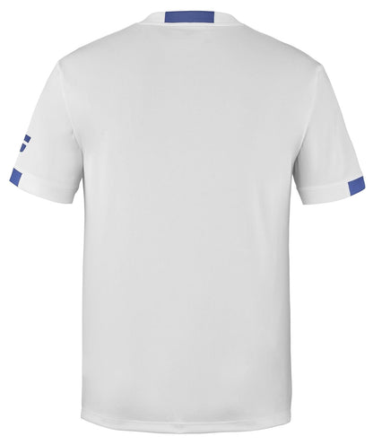 Introducing the Babolat Play Men's Crew Neck Tennis T-Shirt in white, showcasing a classic cut with distinctive blue accents on the sleeve cuffs and a subtle blue stripe at the neckline. Expertly crafted from recycled polyester fabric, it offers both style and sustainability.