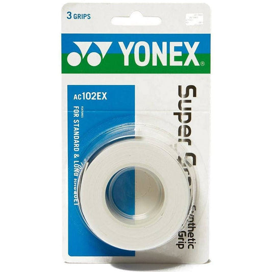 The Yonex AC102EX Super Grap Tennis Overgrip packaging, with its distinctive blue and green text, features a clear plastic window displaying three white grips. The label indicates "AC102EX," emphasizing compatibility with standard and extra-long rackets, while the grips are crafted for superior sweat absorption.