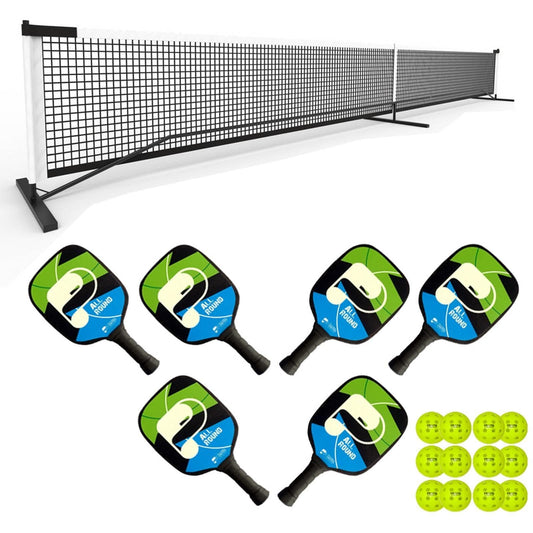 The Pickleball United Education 6 Player Outdoor Pickleball Set by Pickleball United includes a portable net, six paddles with blue and green designs, and outdoor balls—all displayed on a white background.