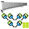 The Pickleball United Education 6 Player Outdoor Pickleball Set by Pickleball United includes a portable net, six paddles with blue and green designs, and outdoor balls—all displayed on a white background.