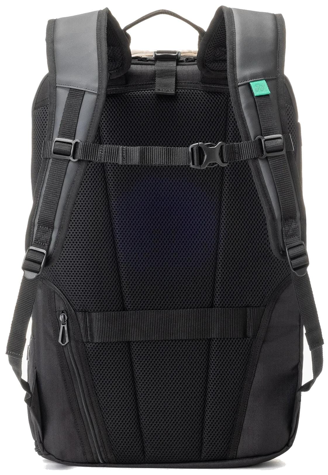 The Yonex BA72612EX Gearlogic Tennis Backpack in beige is shown from the back, featuring padded shoulder straps, a chest strap with buckle, mesh ventilation padding, and zippered side pockets for your essential gear.