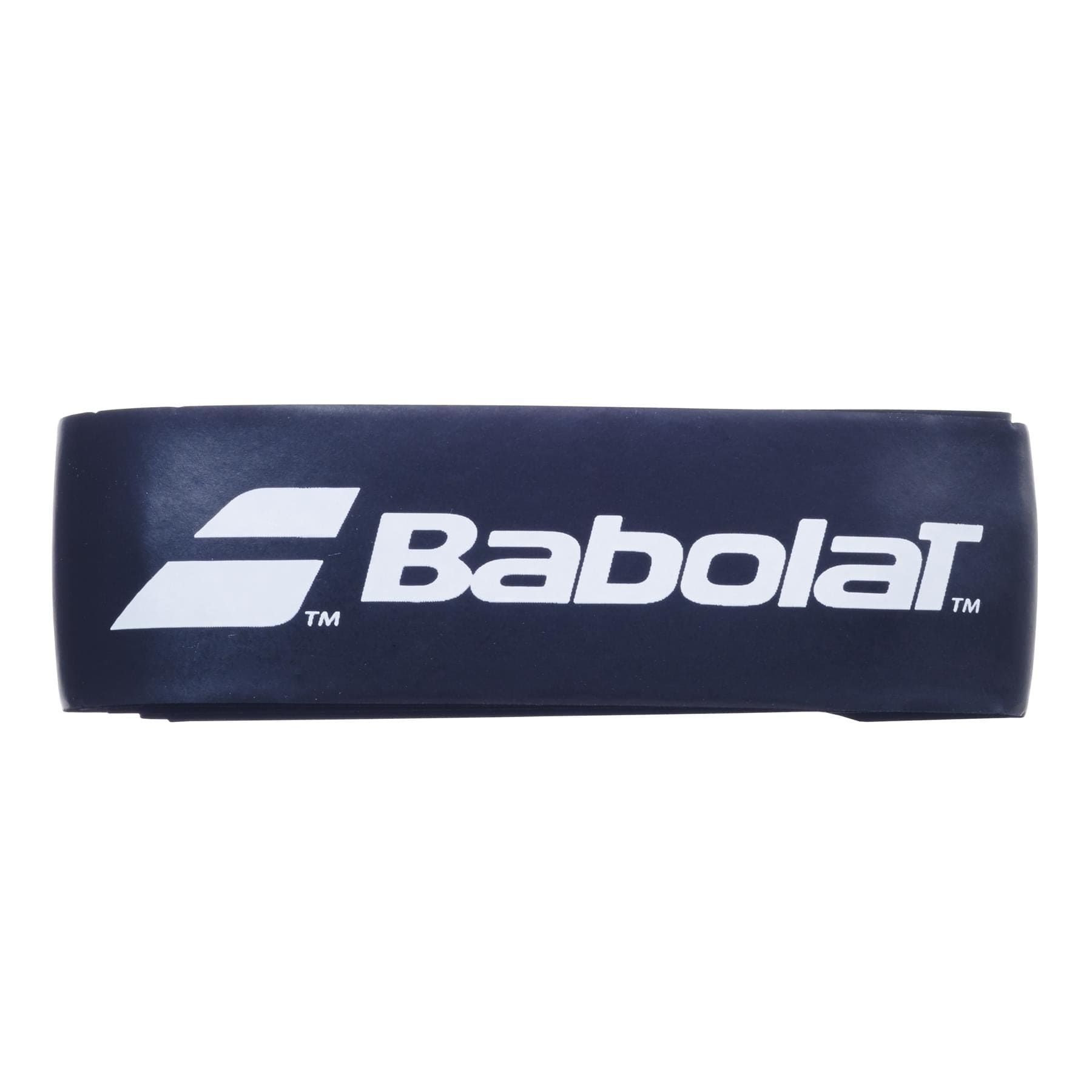 The Babolat Syntec Uptake Replacement Tennis Grip in black features the Babolat logo in white with two stylized white lines, offering enhanced comfort and control for tennis enthusiasts.