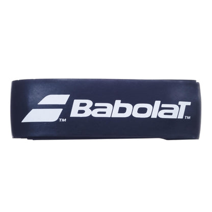 The Babolat Syntec Uptake Replacement Tennis Grip in black features the Babolat logo in white with two stylized white lines, offering enhanced comfort and control for tennis enthusiasts.