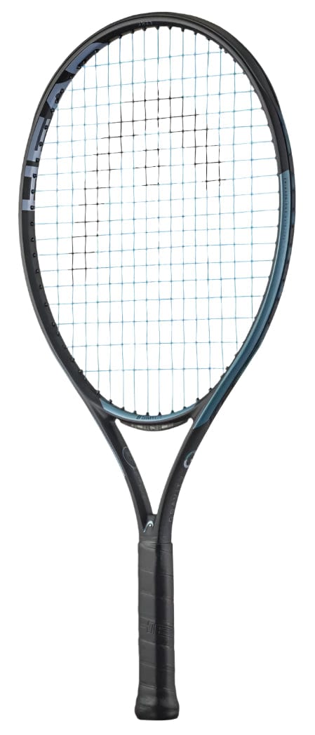 A black and blue HEAD IG Gravity Junior 23 2025 Tennis Racket with a wrapped handle and tightly strung graphite composite, shown against a white background.
