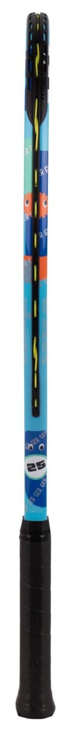 A close-up side view of the Yonex Junior 25 Ocean Blue Tennis Racket with a black grip and colorful accents, featuring visible strings and a patterned frame—ideal for young players seeking quality from Yonex.