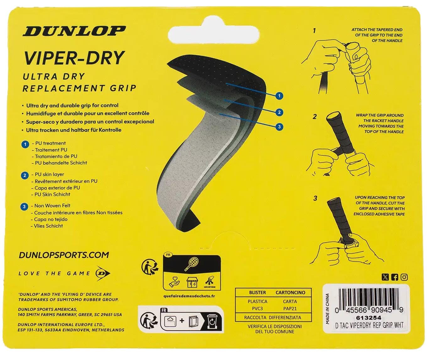 The black Dunlop ATP Viper Dry Replacement Tennis Grip packaging displays instructions, illustrations for application, sweat absorption features, a barcode, and the Dunlop website.