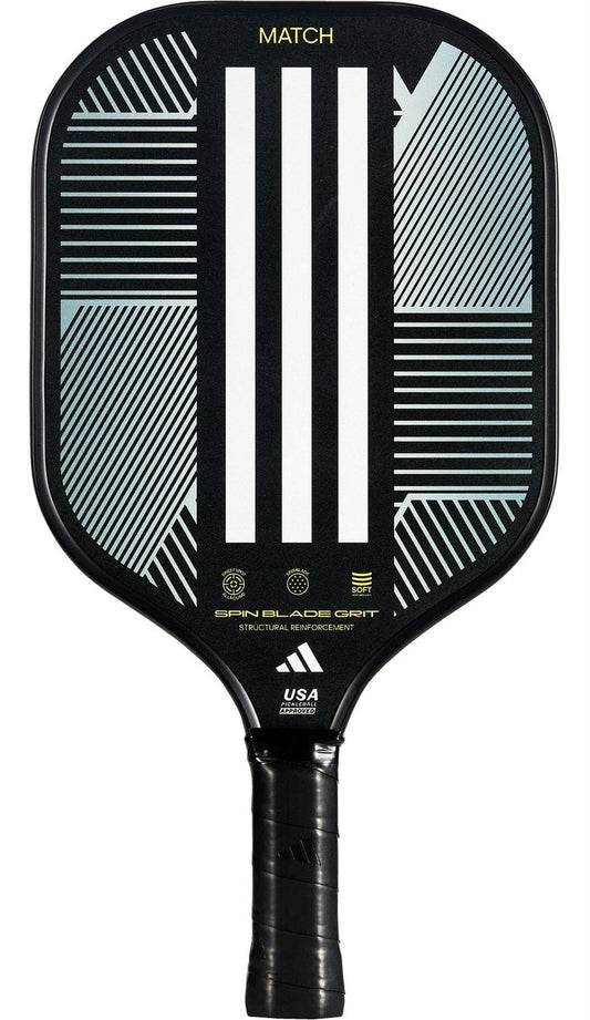 The adidas Match 3.3 Pickleball Paddle is black with geometric white and gray patterns, three central vertical white stripes, "MATCH" on top, a black grip handle, and Spin Blade Grit for added control, ideal for beginners.