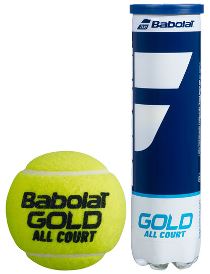 Beside a sleek cylindrical can with a blue and white design is a Babolat EVO Gold All Court tennis ball; the can, labeled "Babolat EVO Gold All Court Tennis Balls," contains additional balls.