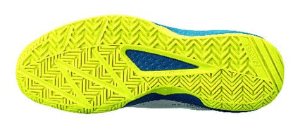 The image features the sole of the Yonex Power Cushion Lumio 4 Men's Tennis Shoes, showcasing a vibrant yellow, textured zigzag pattern with accents of ocean blue. This Durable Skin Light design enhances grip and traction while maintaining a lightweight feel for optimal performance on the tennis court.