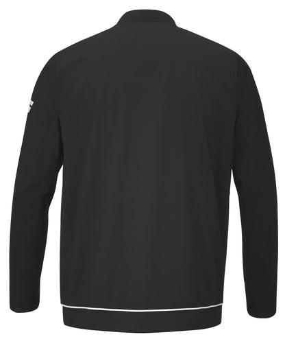 Rear view of the Babolat Play Men's Tennis Jacket in black, made from recycled polyester. This jacket showcases a minimalist design with long sleeves, a discreet white stripe near the bottom, and a small Babolat logo on one sleeve. It is equipped with a stand-up collar and features a seamless back appearance.