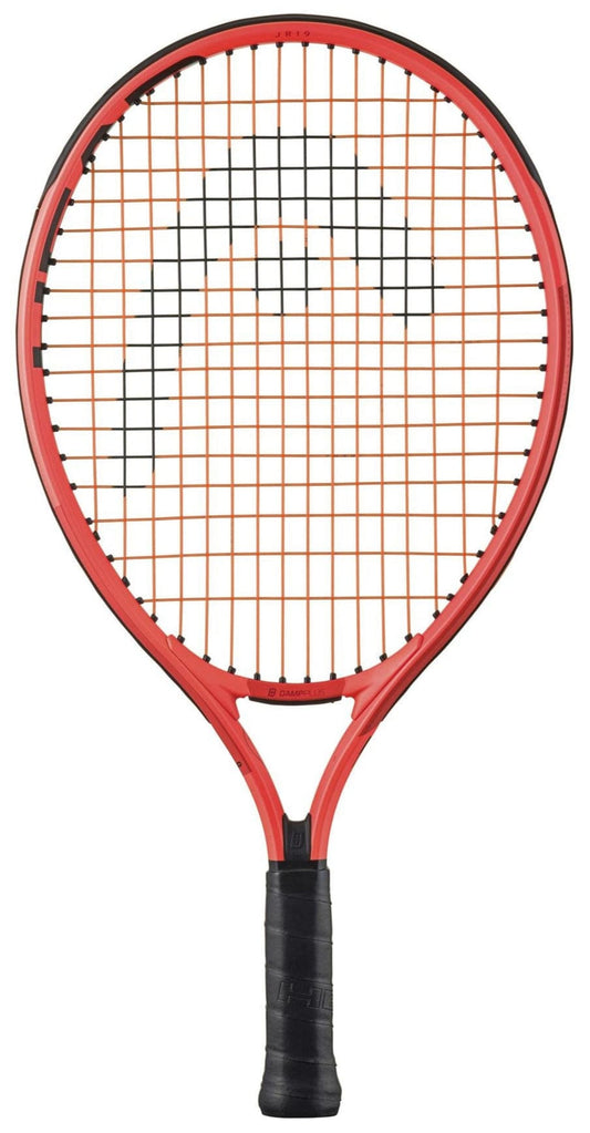 The HEAD Radical Junior 19 2025 Tennis Racket features a red and black design with black strings and grip—ideal for young, aspiring tennis players.