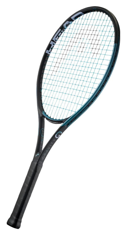 The HEAD IG Gravity Junior 26 2025 Tennis Racket by HEAD features a modern design with a black grip and blue strings. This lightweight graphite racket is angled slightly to the right on a white background.